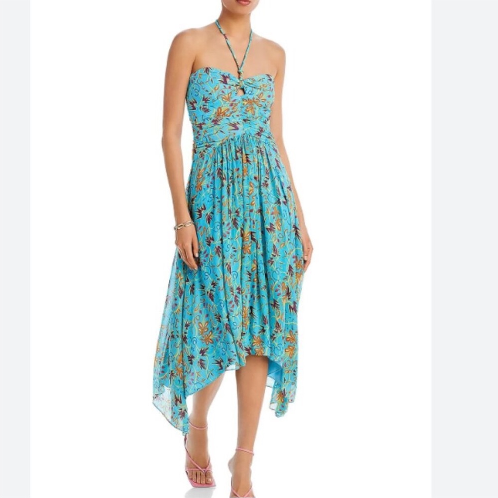 A.L.C. • Women’s Turquoise Violet Silk Halter Asymmetric Hem Midi Dress 00 NWT